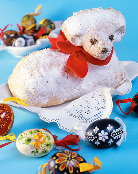 Easter lamb baked like a pound cake with decorated eggs.